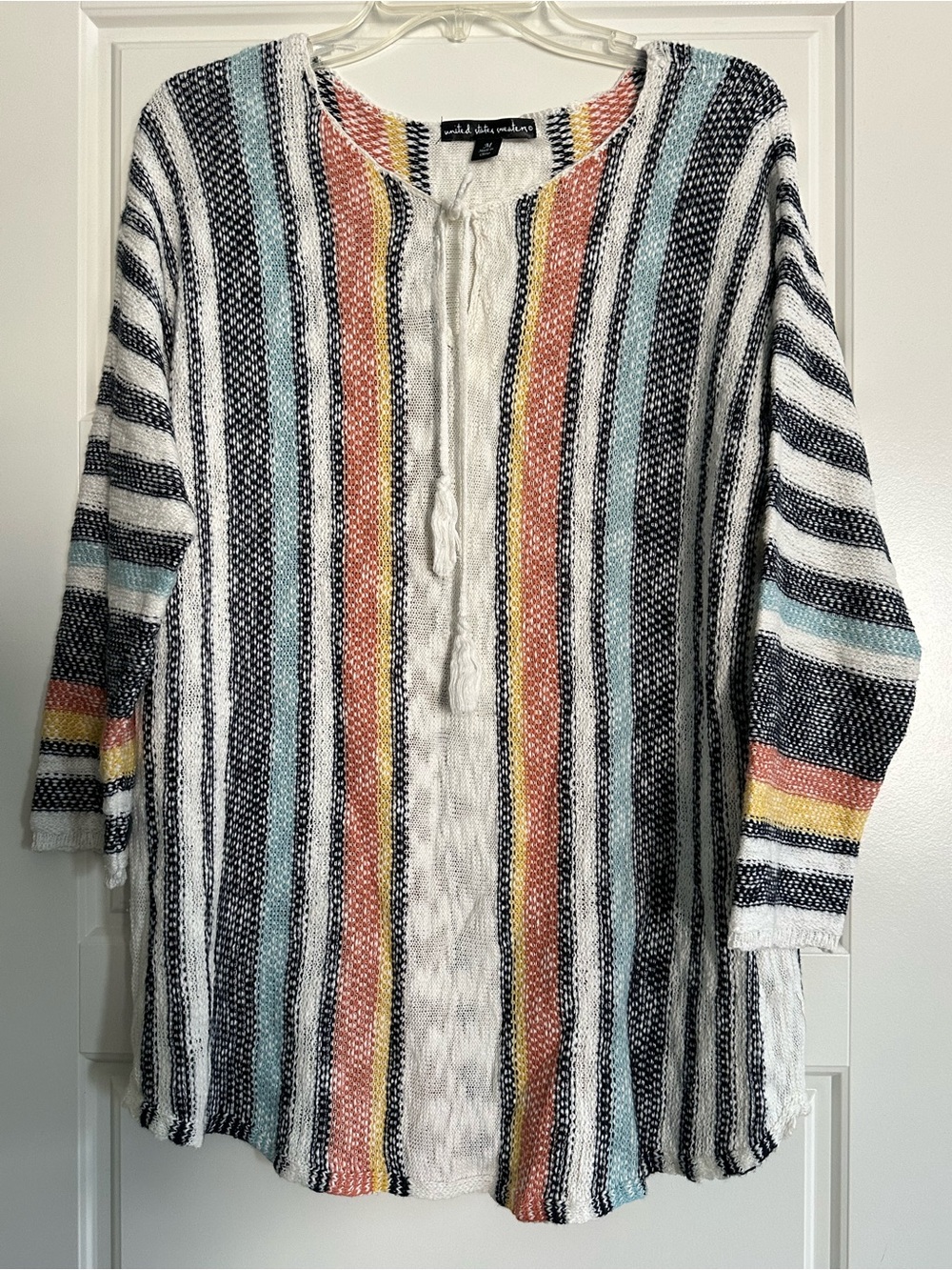 united states sweaters White Knit Tunic with Coral, Yellow, Blue & Black Stripes